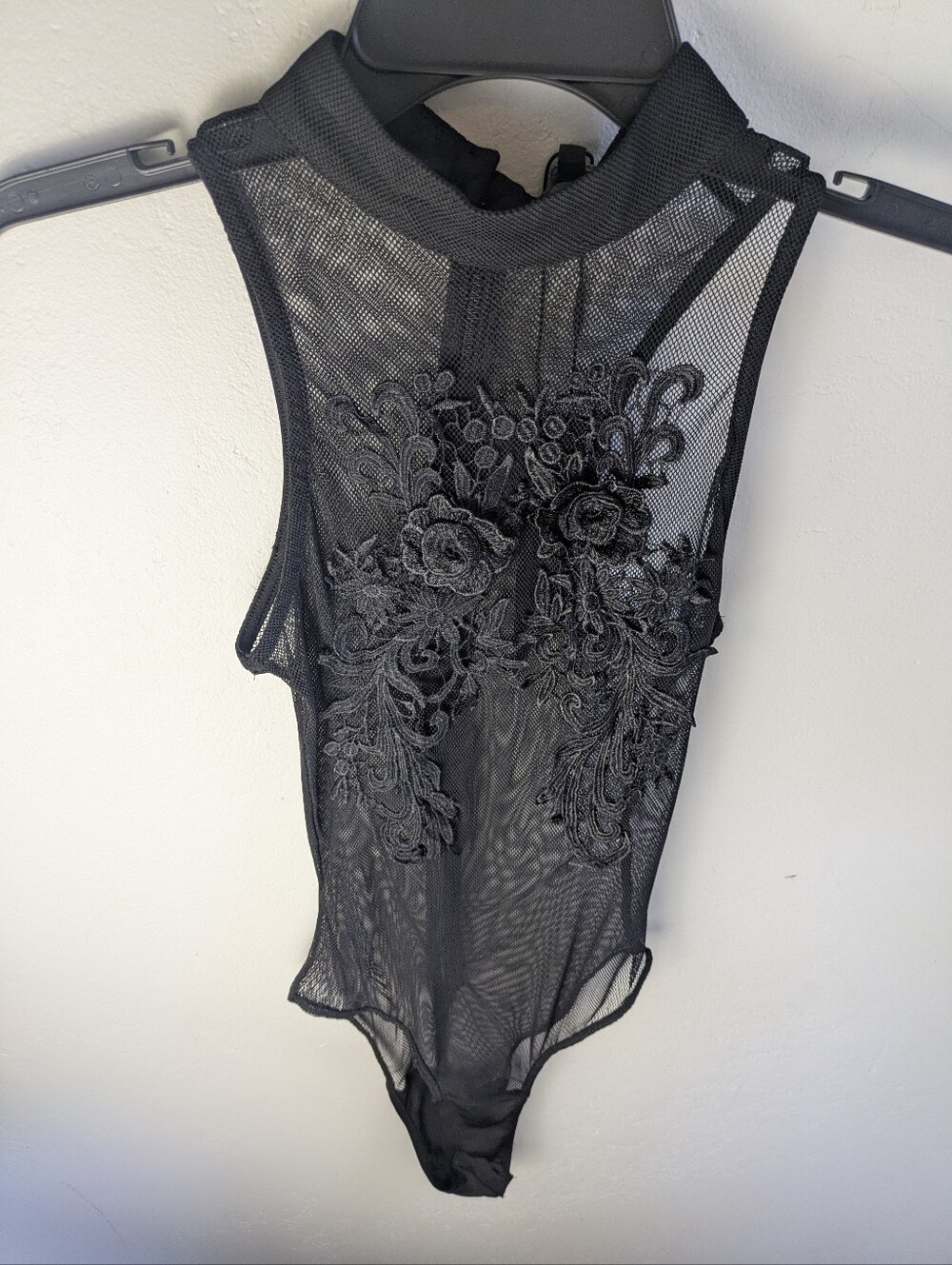 Black Bodysuit Embroidered Sheer Tank Small